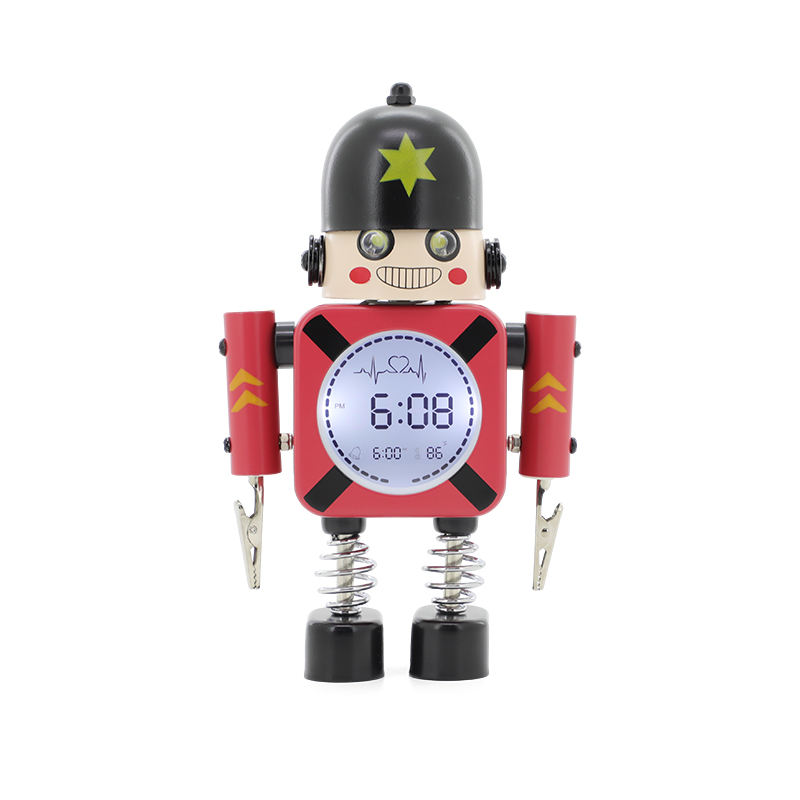 Children’s digital alarm clock in metal robot design with quiet operation and hand clip