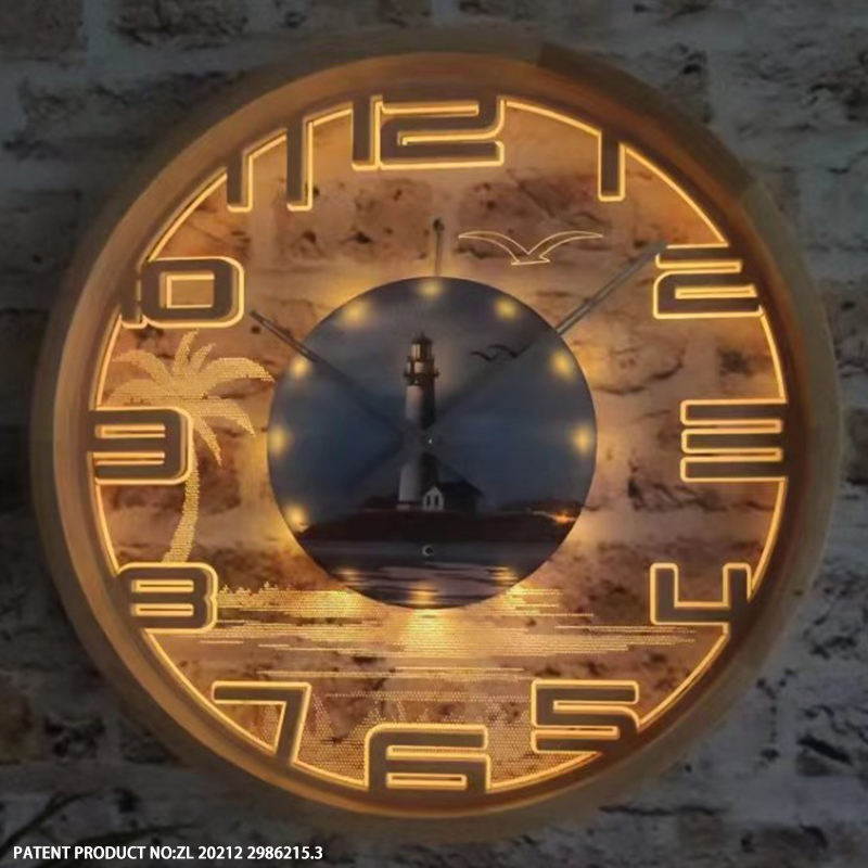 16" Luminous Wall Clock Silent No Ticking Wood Frame Lighted Clock with Smart Sensor to Turn On/Off Lights in Low/Bright Light