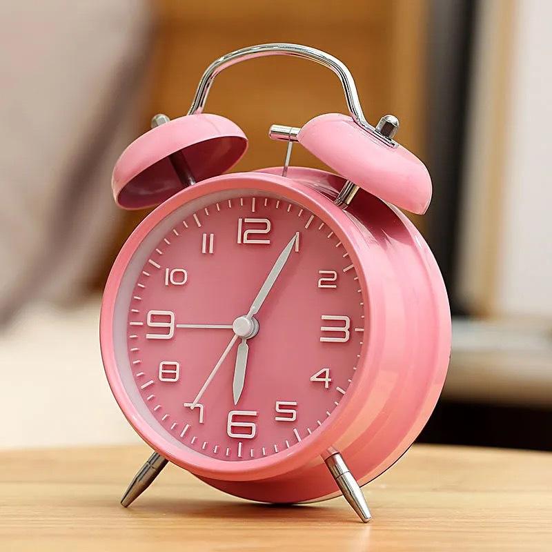 Pink 4 Inch Bell Alarm Clock Metal Analog Table Ring Alarm Clock 3D Dial with Night Light Desk Table Clock for Home Office