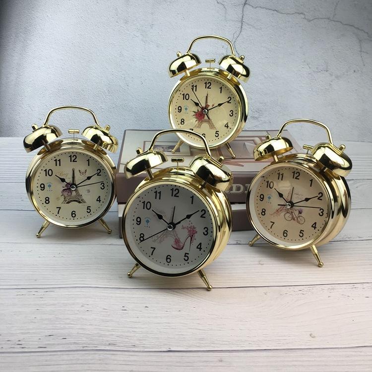 Metal Ringing Alarm Clock Large Bell Antique Gold Vintage Clock Face Double Ringing Silent Scanning Clock