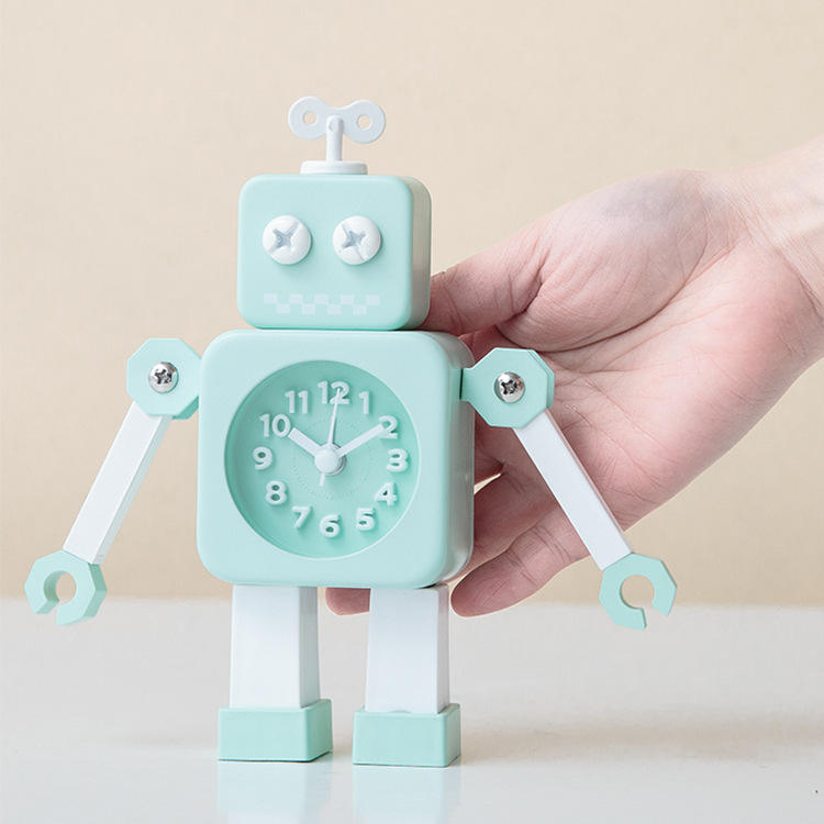 Creative Macaron Color Kids Robot Desk Clock Cartoon Mute Ins Wind Alarm Clock Metal Student Desktop Clock