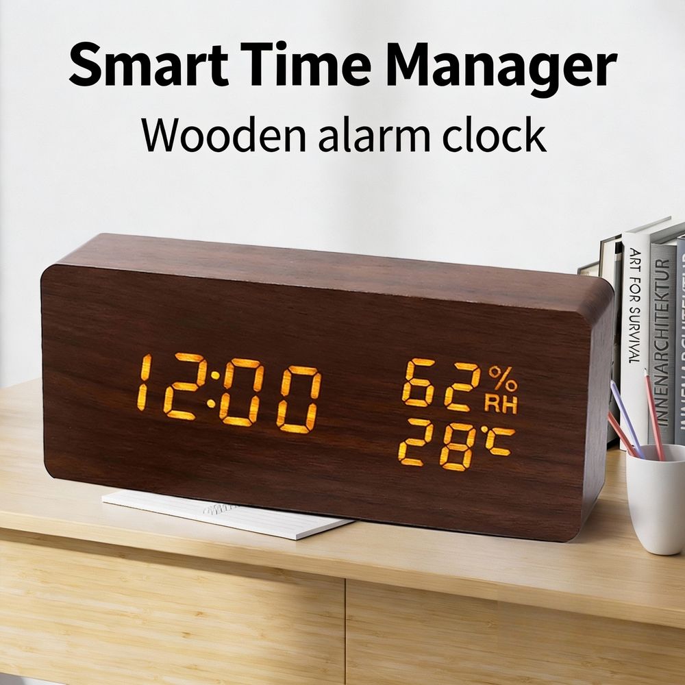 Wooden Digital LED Table Clock with Temperature & Humidity Monitoring Voice Control Alarm Calendars/Date Battery Operated